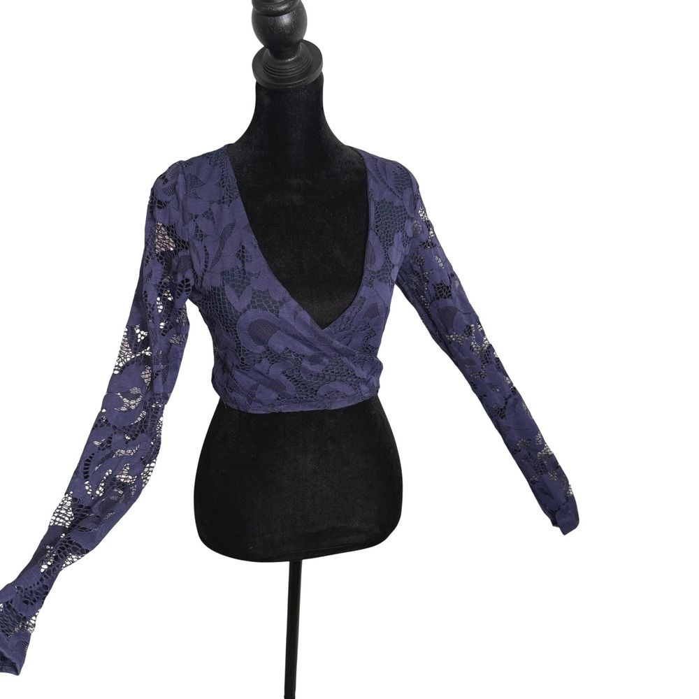 Runaway Lace Crop Top Womens XS Blue Floral Surplice Wrap Whimsigoth Fairy